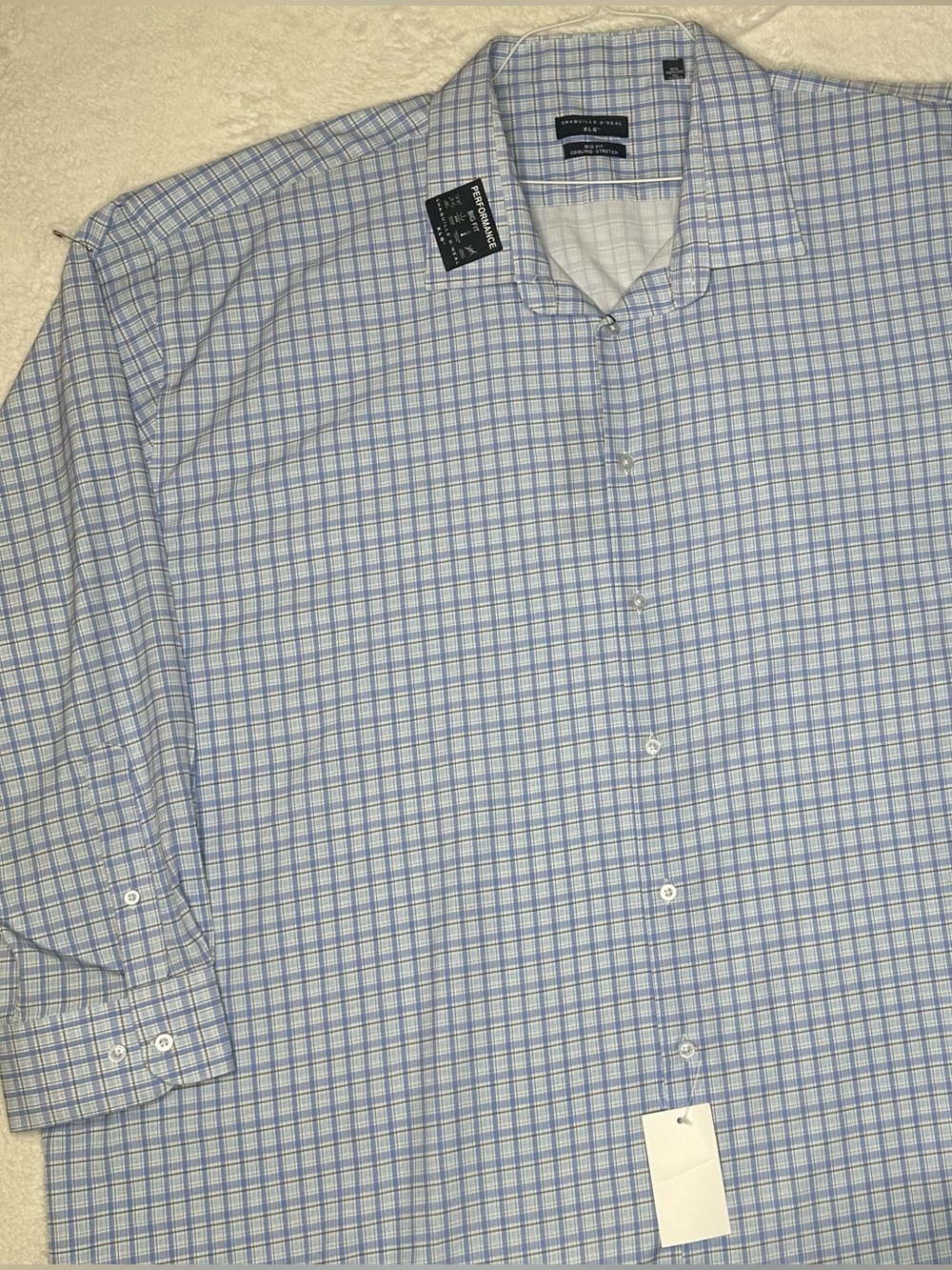 Shaquille O’Neal XLG Big & Tall Plaid Button Down Shirt Blue NWT Cooling Stretch